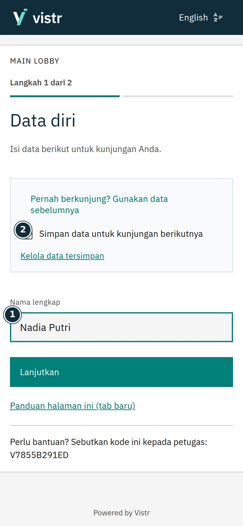 Isi nama. Pilihan menyimpan data bersifat sukarela.