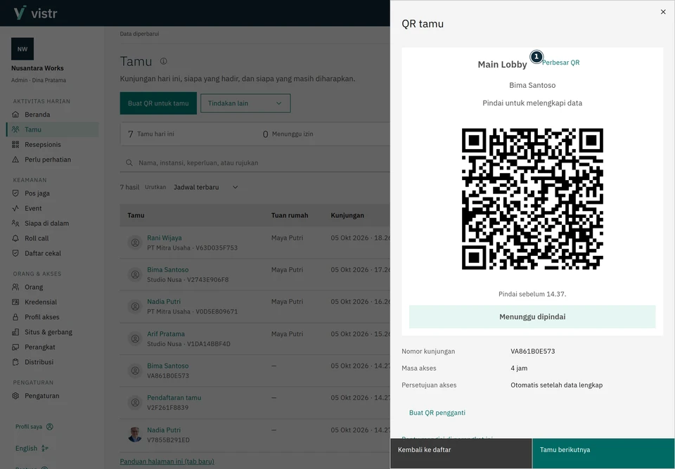 Satu QR untuk satu tamu; Tamu berikutnya memulai pelayanan berikutnya.