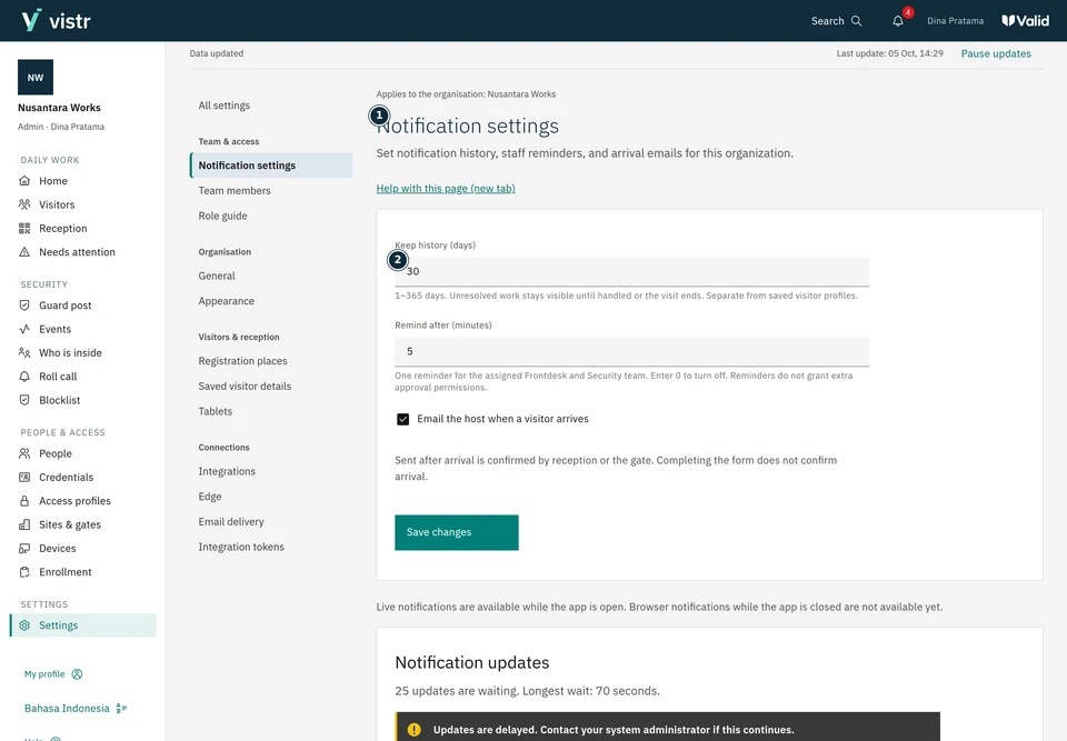 Admins configure the organization notification policy.