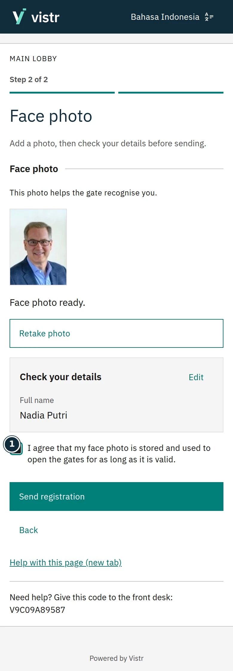 Review your photo and consent before sending.