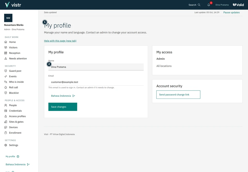 Review account details and language preference.