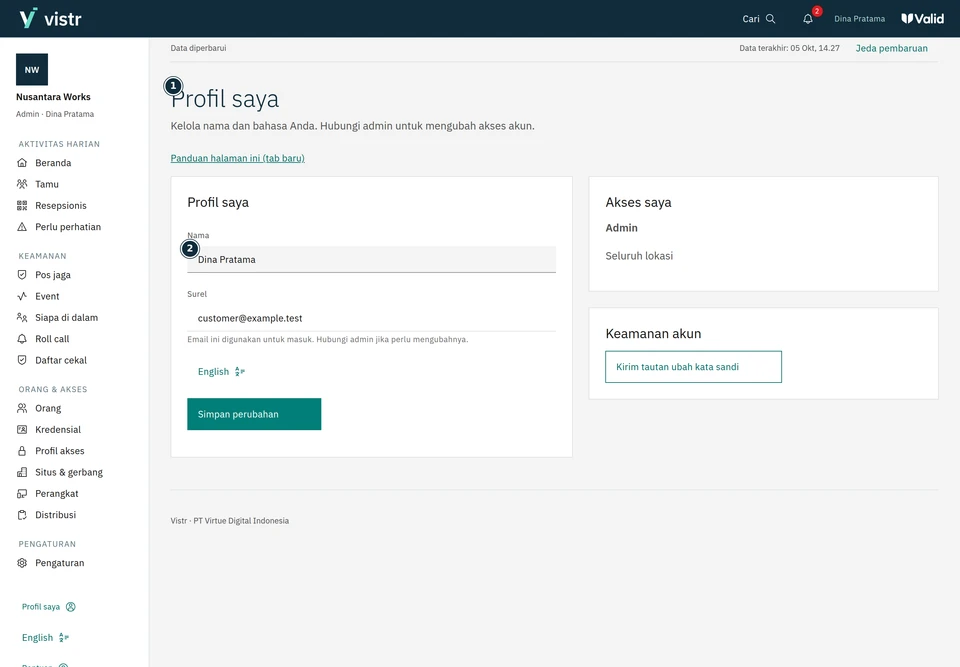 Periksa data akun dan pilihan bahasa.