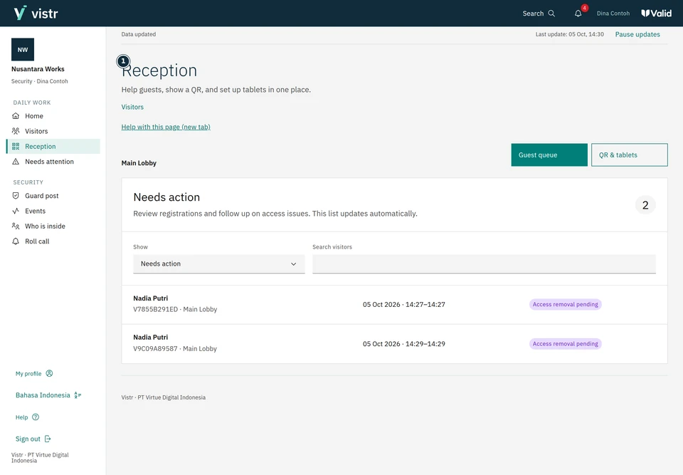 Reception shown for a Security account; available actions follow its permissions.