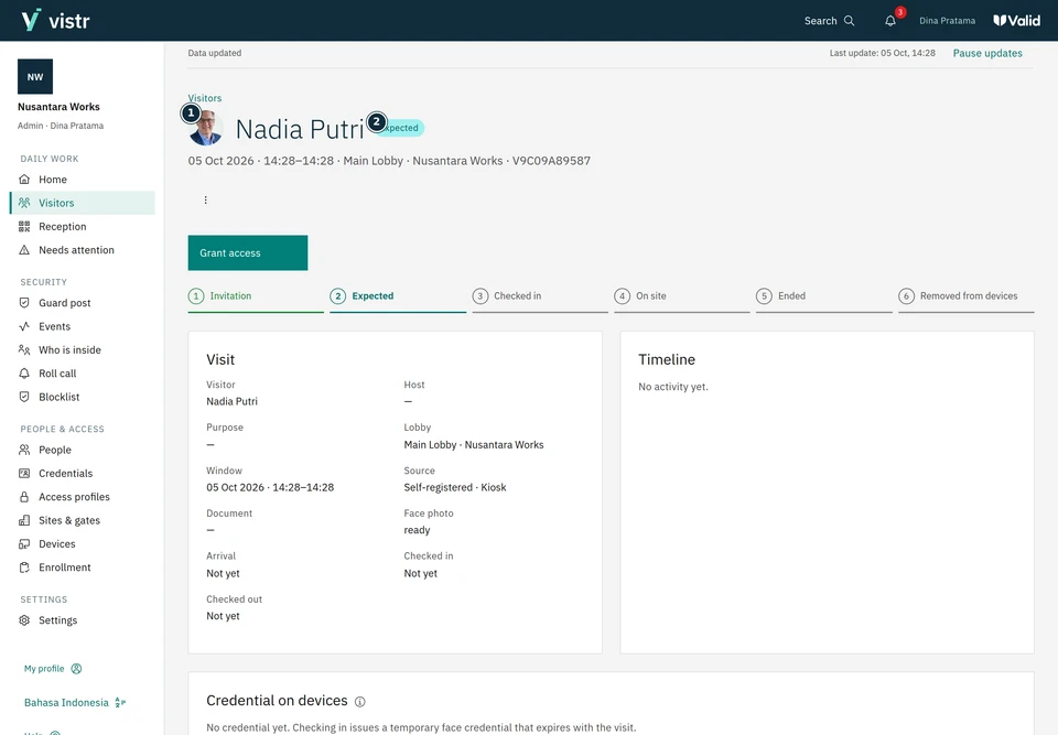 Review details, approval, and access for the same visit.
