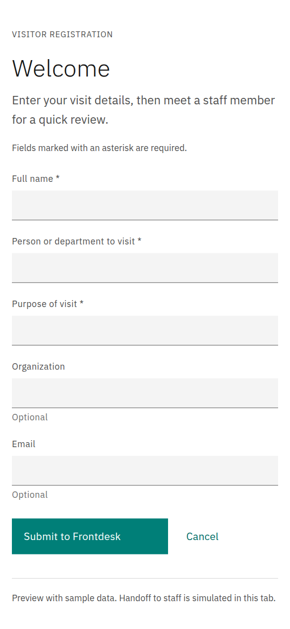 English visitor registration form in the Vistr mobile browser preview