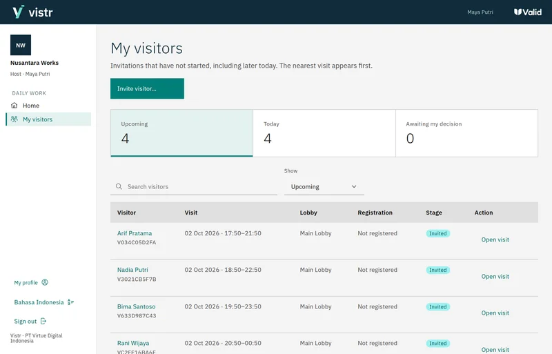 My visitors showing upcoming visits, schedules, and host actions.