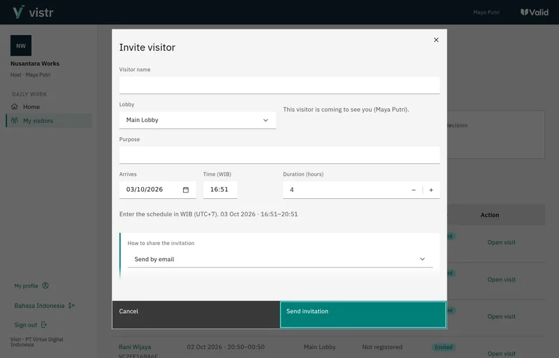 The invitation form with delivery method, schedule, and language.