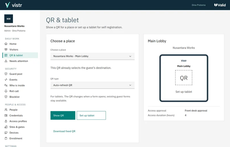 The QR and tablet menu with location and QR mode settings.