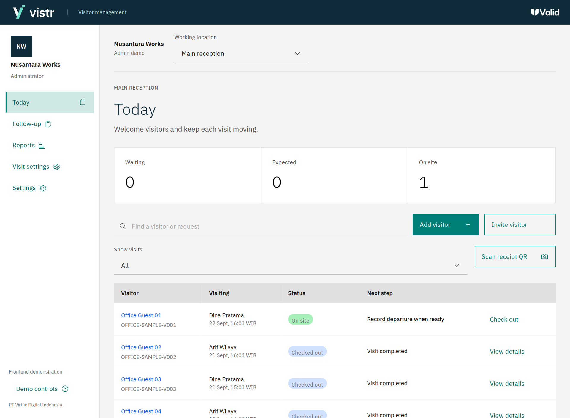 Vistr Frontdesk Today screen with fictional visitor records and tasks